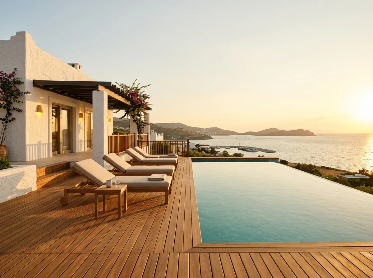 Bodrum lüks villa havuz kenarı Birmanya teak ahşap deck kaplama