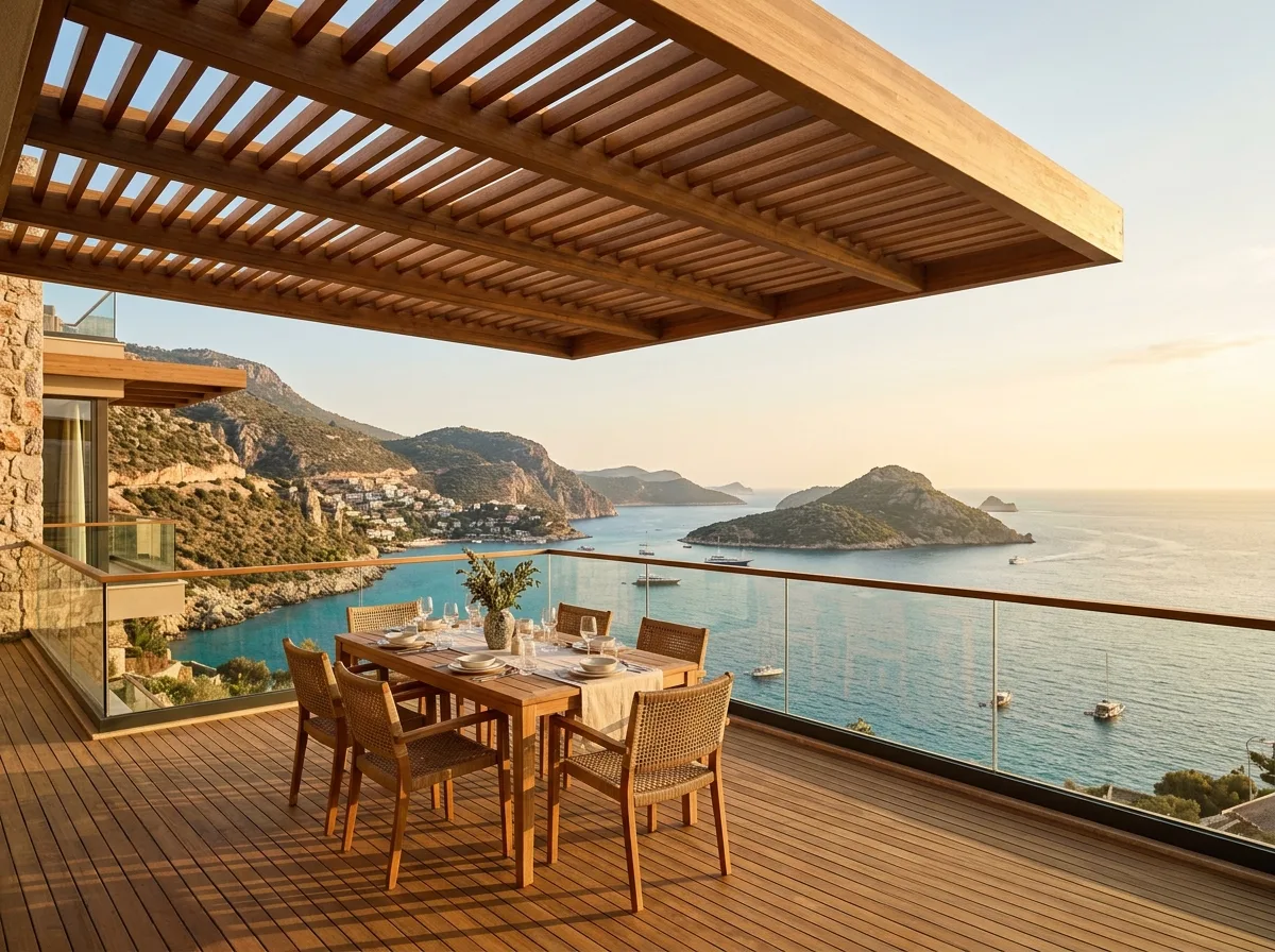 Kalkan dik yamaç villası lamine ladin kirişli modern ahşap pergola