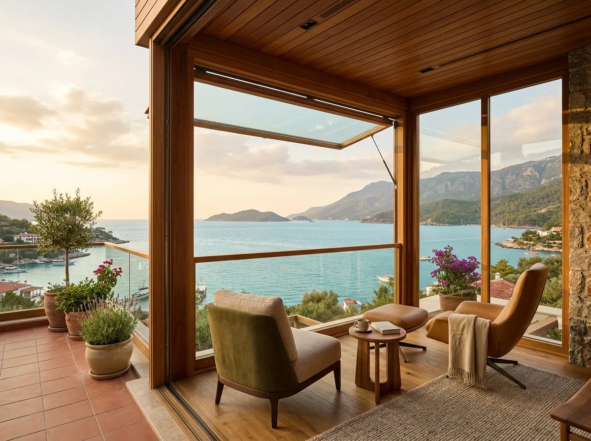 Fethiye müstakil villa bahçesinde masif meşe doğramalı kış bahçesi